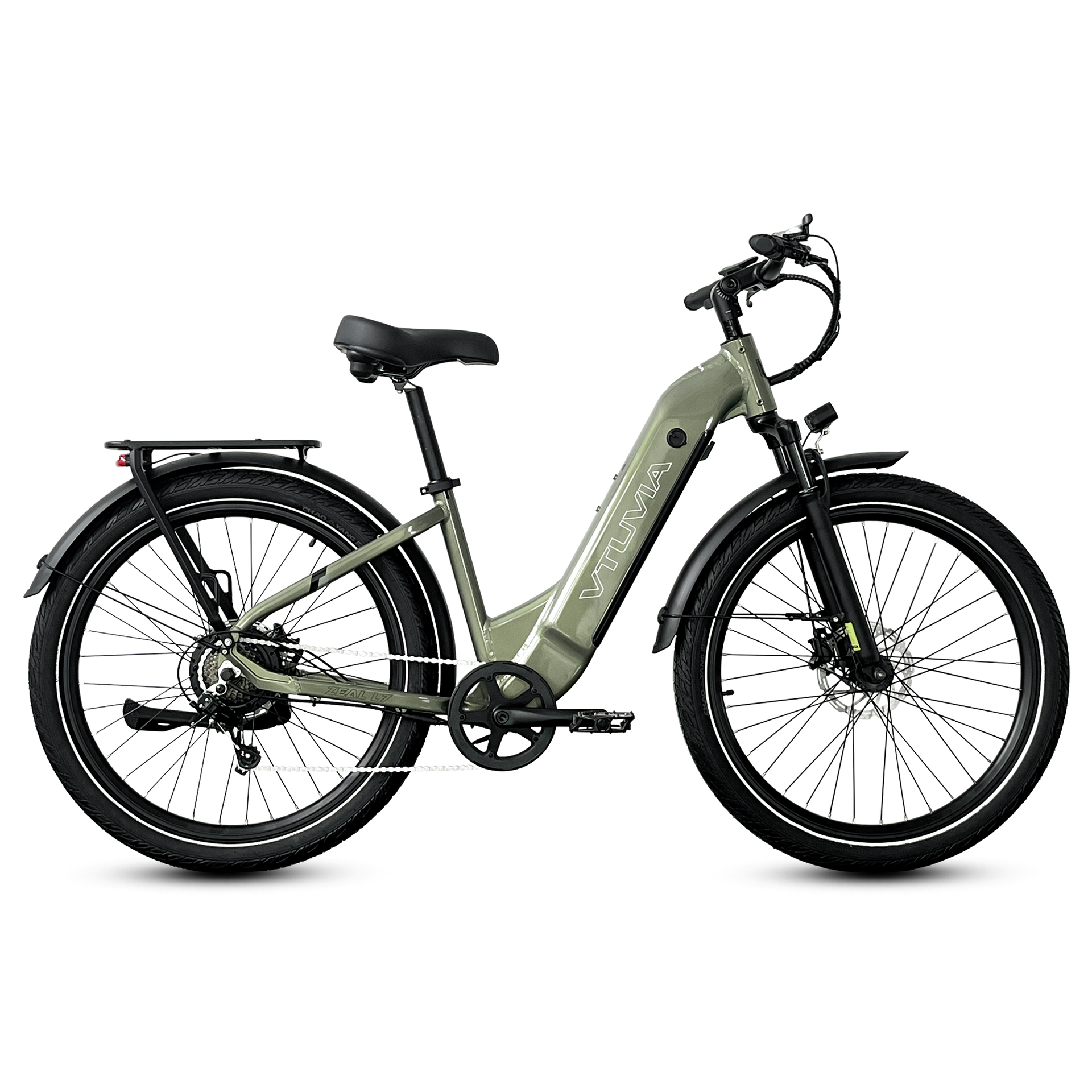 Olive green step-through electric bicycle with black wheels on a white background