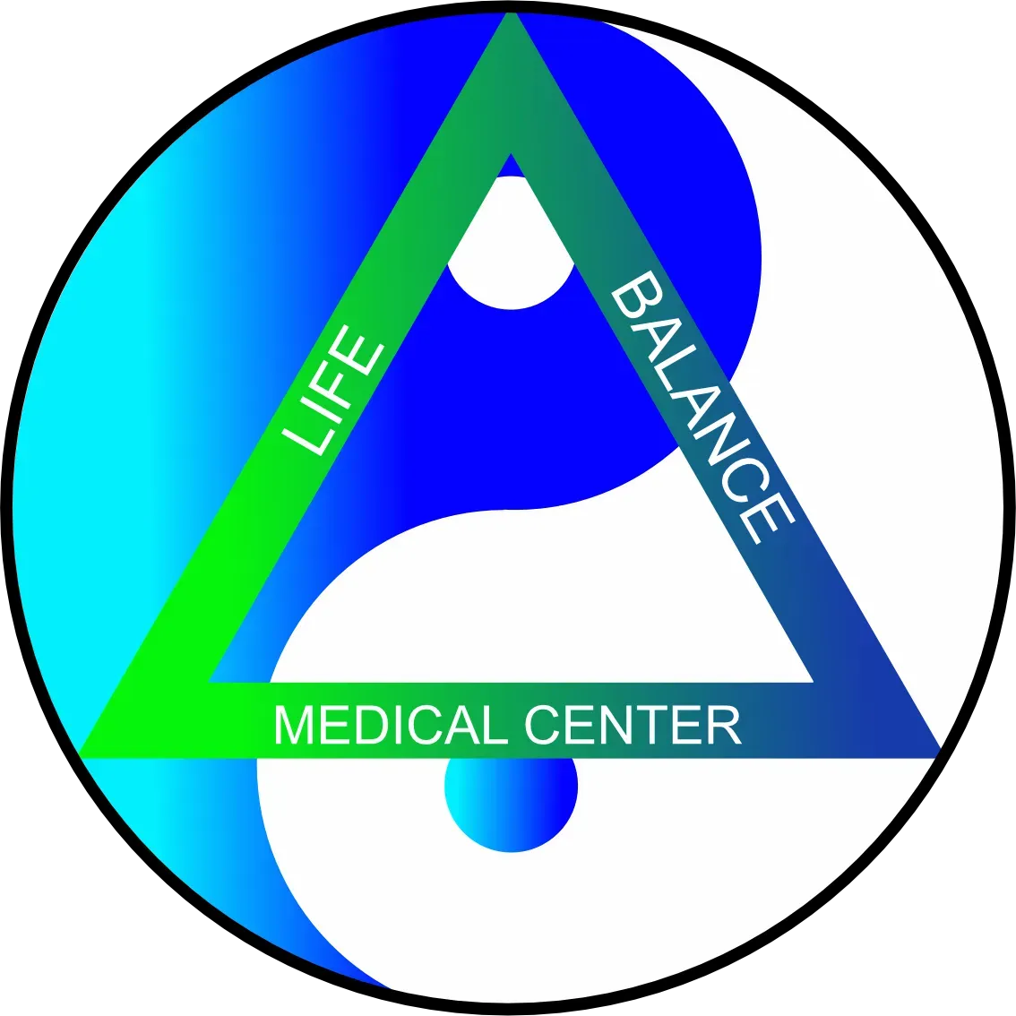 Medical center logo with blue triangle, green gradient, and the words “LIFE,” “BALANCE,” and “MEDICAL CENTER”