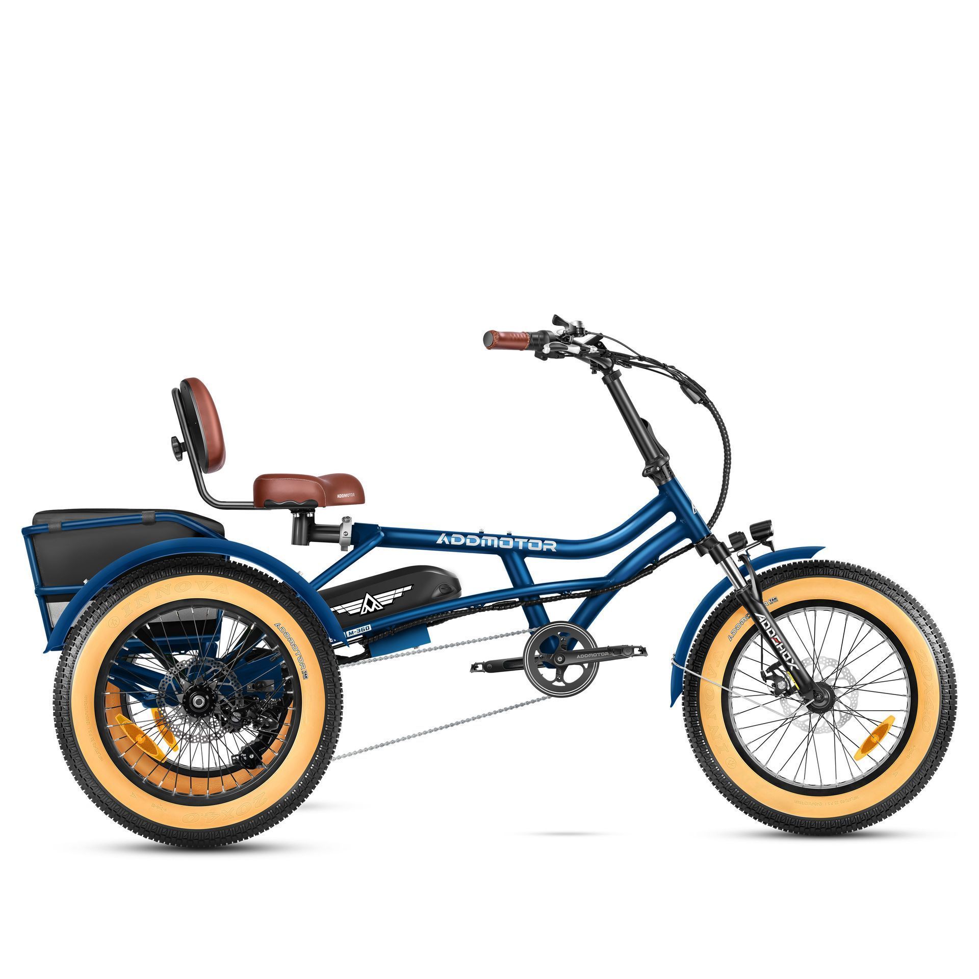 Blue electric tricycle with tan tires, brown seat and handlebars, shown on a white background