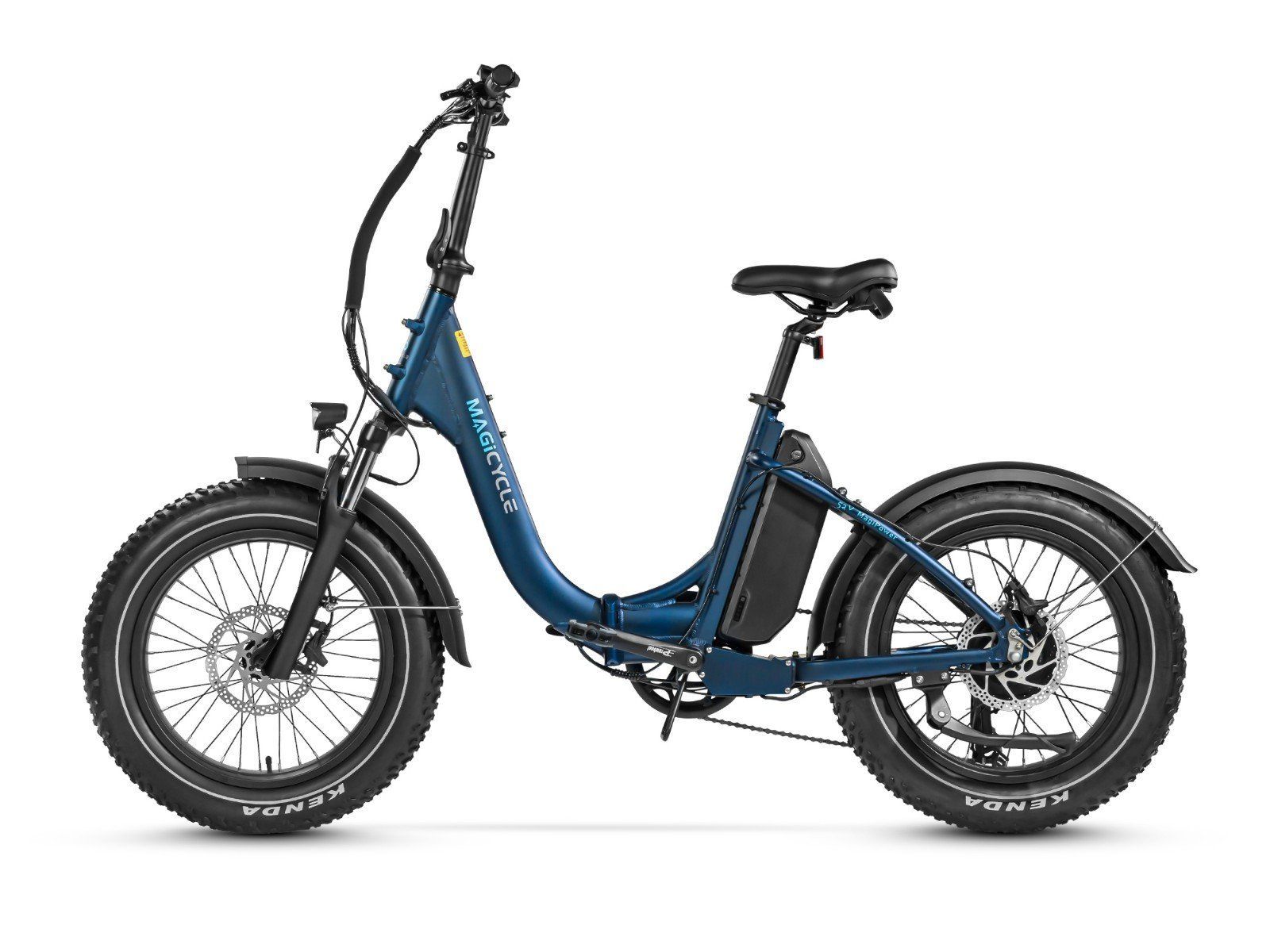 Blue electric fat-tire bike with a low step-through frame and front suspension, shown in side view.