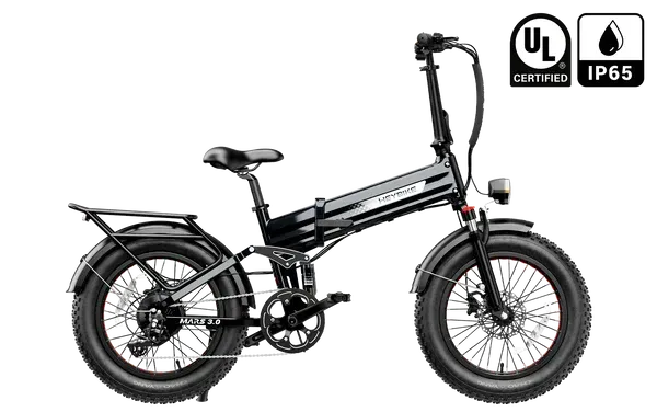 Black foldable electric cargo bike with fat tires, rear rack, and UL/IP65 certification icons