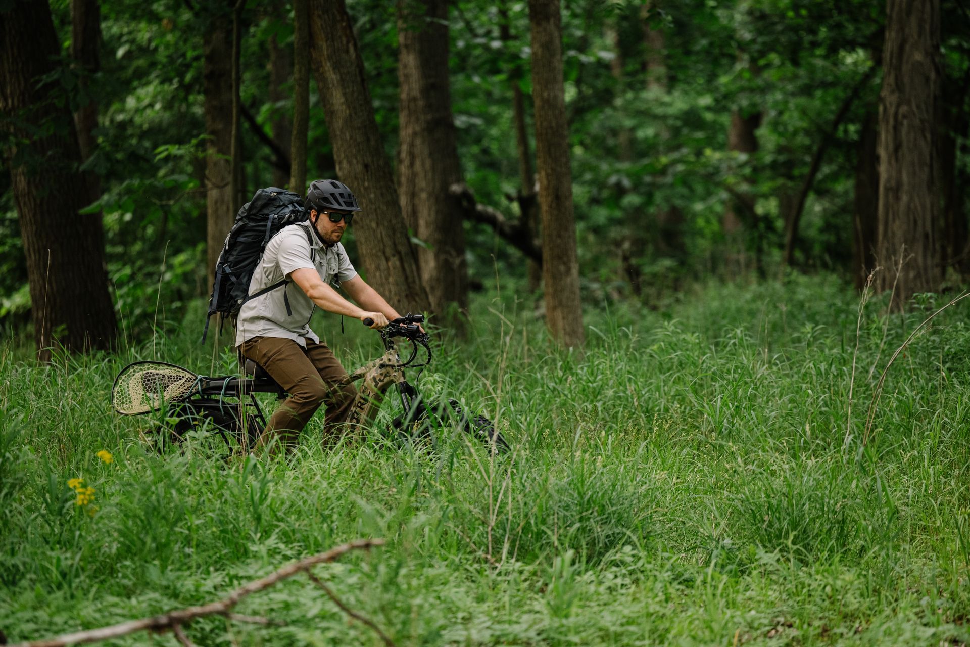 Mountain biker riding through a green forest trail among tall trees