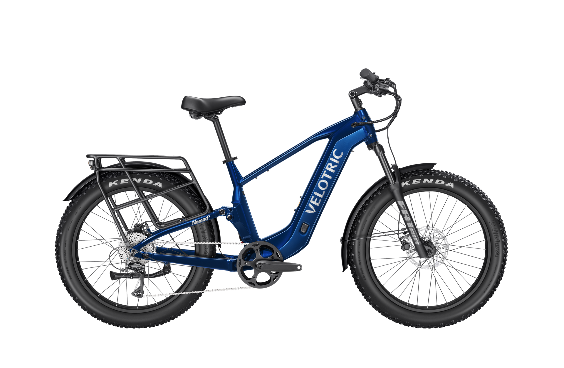 Blue electric cargo bike with rear rack, fat tires, and step-through frame on a white background