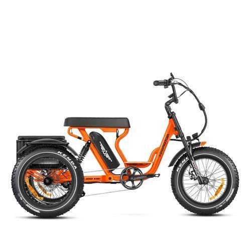 Orange three-wheeled electric cargo bike with a black seat, front basket, and large rear wheel on a white background