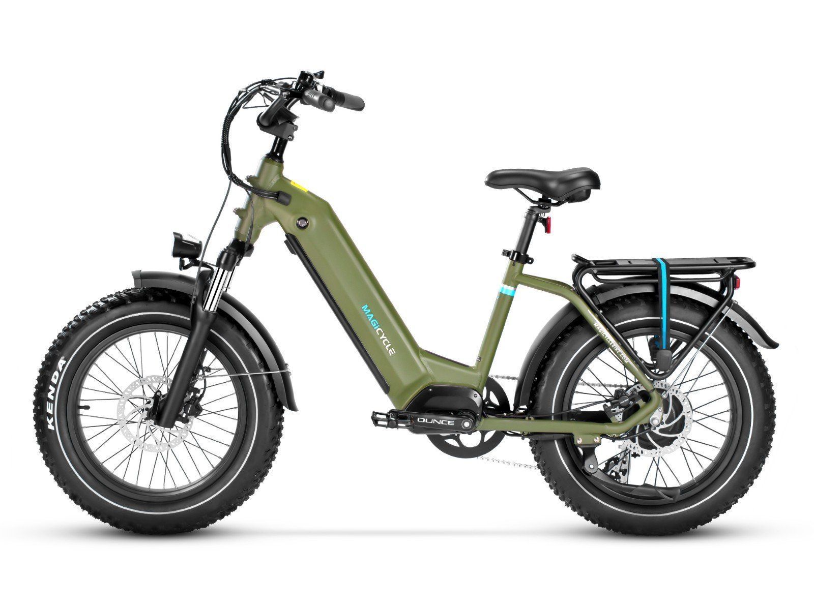 Olive green electric cargo bike with rear rack and fat tires, shown in side view on a white background