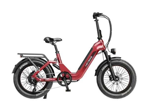 Red electric cargo bike with black fat tires and rear rack, side view on white background