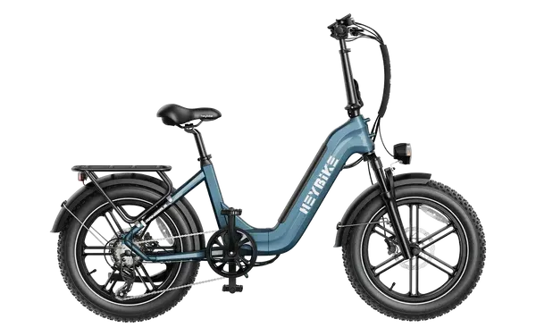 Blue folding electric bike with black tires and rear cargo rack, shown in side view