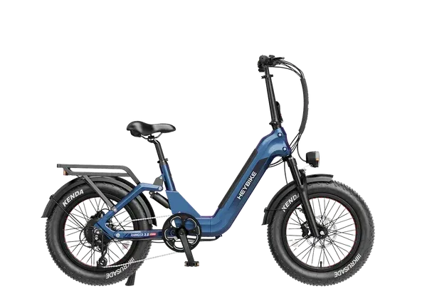 Blue step-through electric bicycle with rear rack and fat tires on a white background