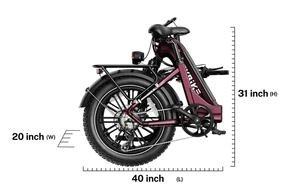 Maroon electric bicycle shown in side view with dimensions labeled 40 in wide, 31 in tall, and 20 in deep