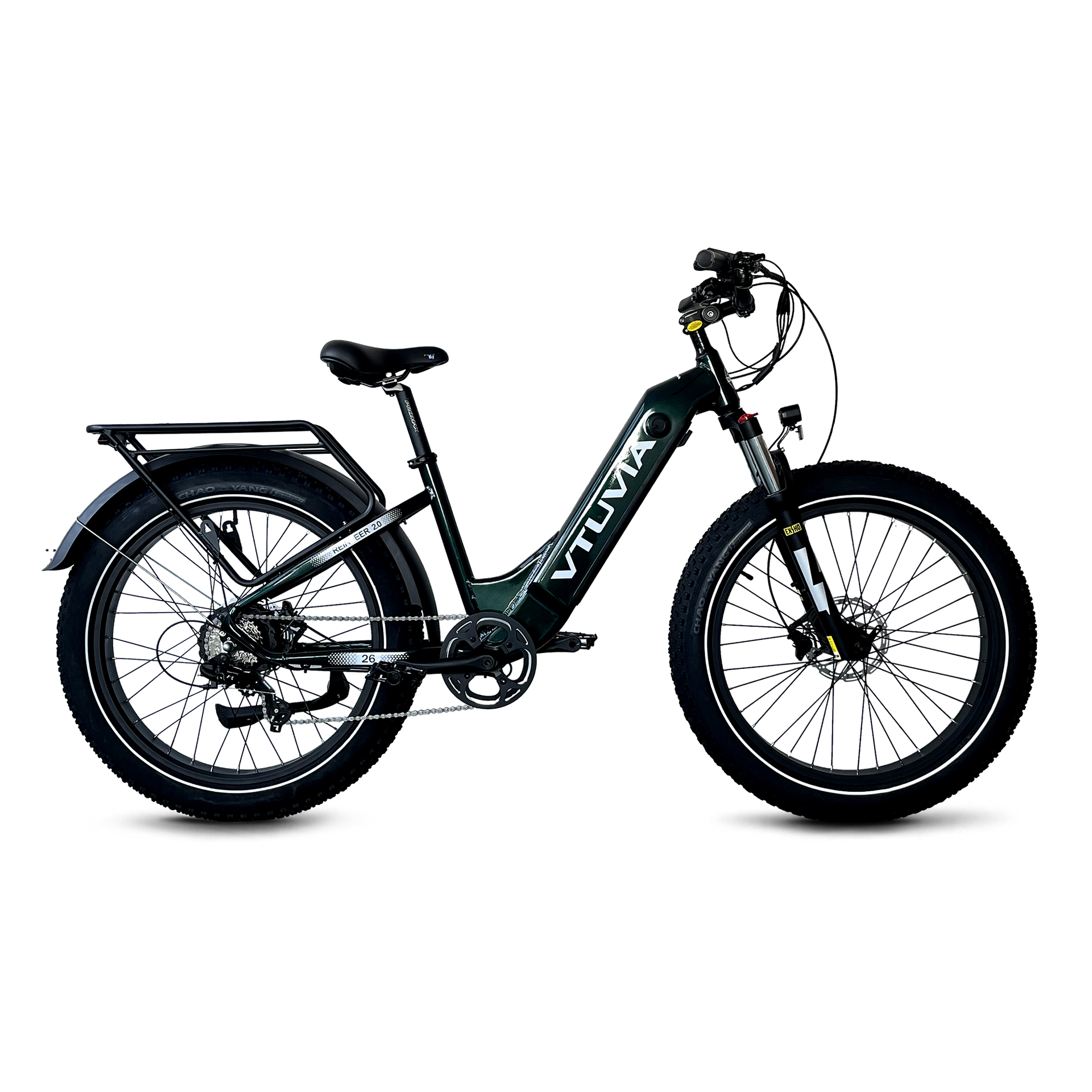 Black and green electric bike with thick tires, shown in side view on a white background