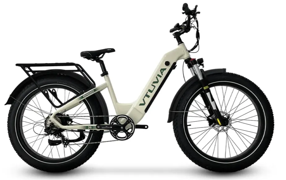 Cream electric fat-tire bicycle with rear rack and front suspension, side view on white background