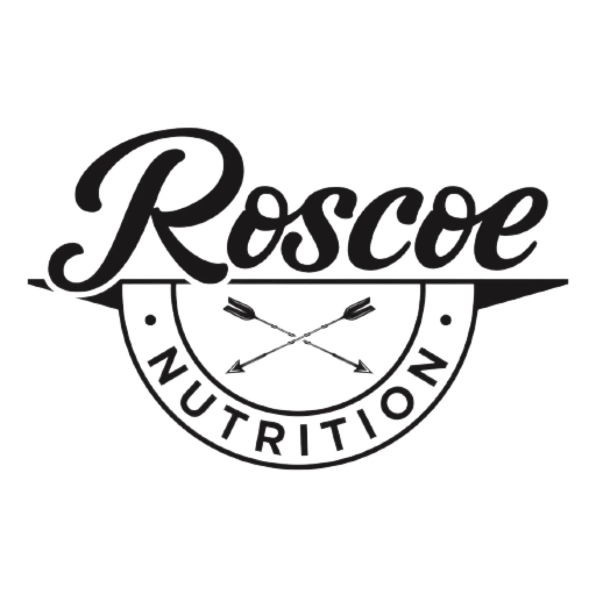 Roscoe Nutrition logo in black with stylized script and crossed utensils inside a circular emblem