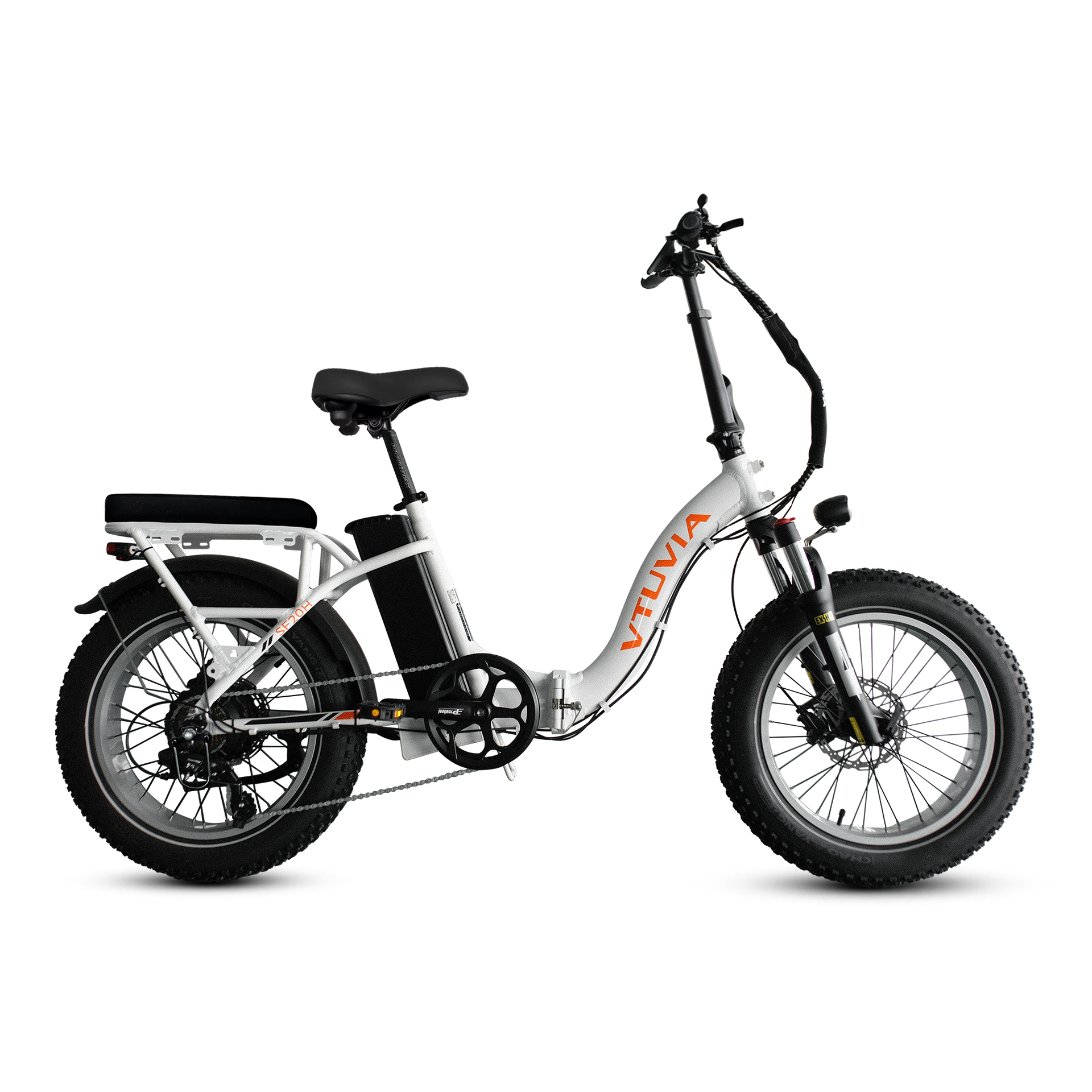 White folding electric bike with black seat and wheels, shown in side view on a white background
