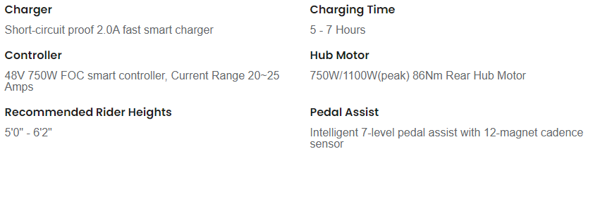 Charging info table: charger, controller, recommended rider height, motor voltage, and pedal assist settings.