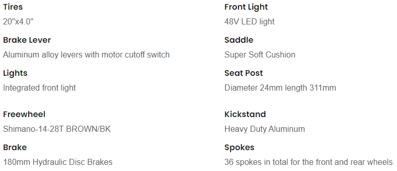 Bicycle spec sheet listing tires, brakes, lights, saddle, seat post, kickstand, hub, and spokes.