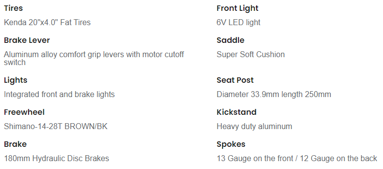 Two-column text list of truck features and tire specs on a white background