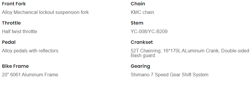 Bicycle parts list in black text on white background, showing front fork, pedal, chain, stem, crankset, and gearing.