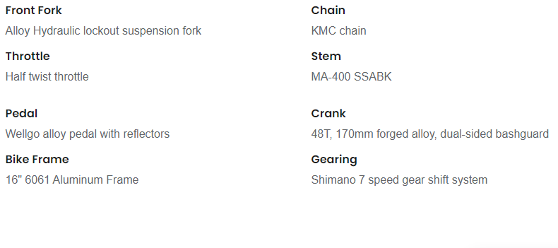 Bicycle specs list showing front fork, chain, pedals, frame, stem, crank, and gearing details.