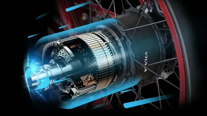 Futuristic glowing turbine engine with blue energy streaks and metallic blades