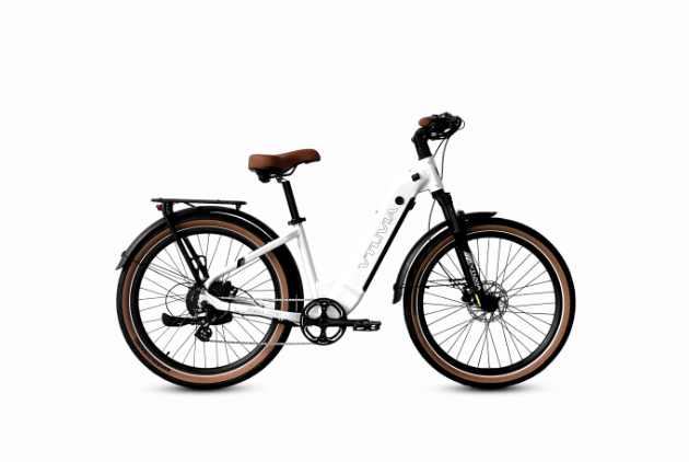 White folding bicycle with brown saddle and brown tires on a plain white background