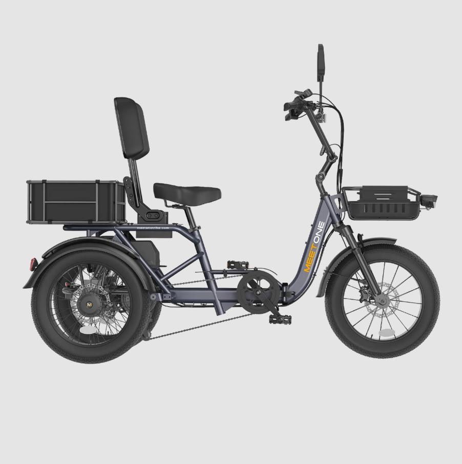 Blue electric tricycle with tan tires, brown seat and handlebars, shown on a white background