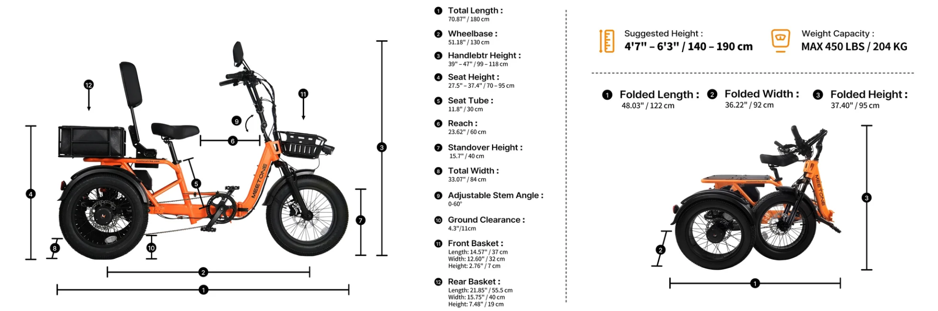 Diagram of a white bicycle with numbered parts list and dimensions on the right