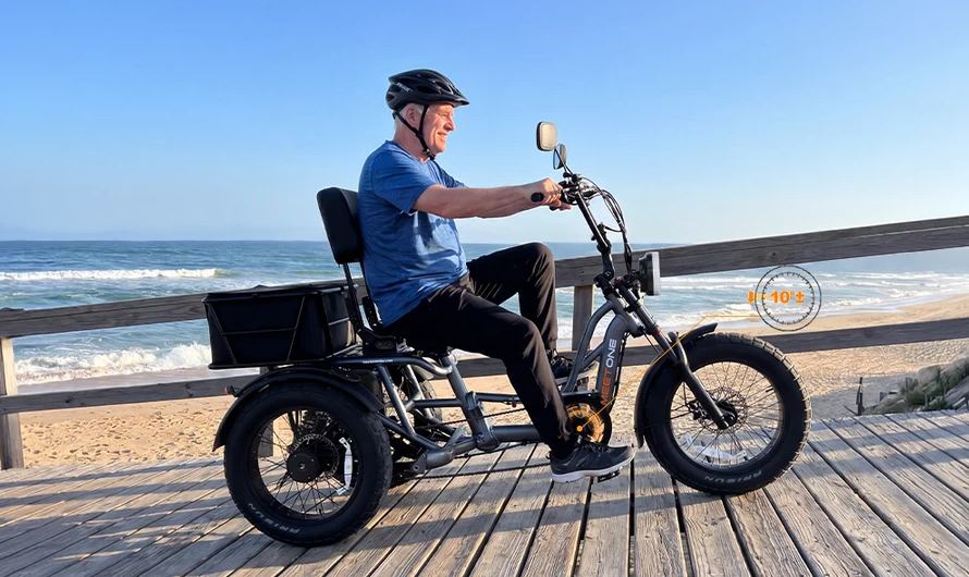 Person wearing a helmet rides a black cargo bike on a boardwalk by the beach at sunset