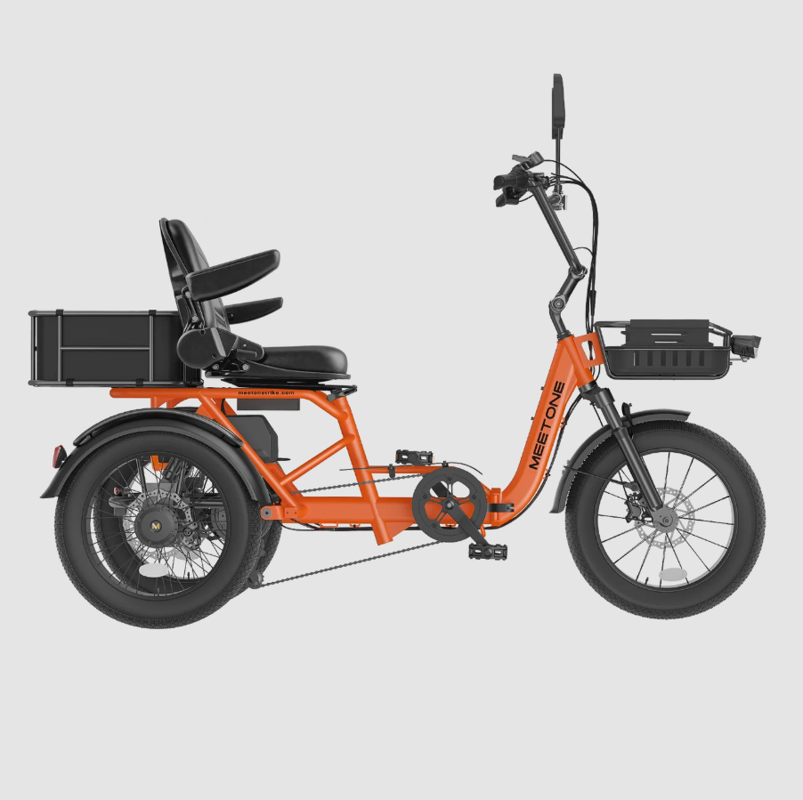 Orange cargo trike with black seat, rear cargo box, and front basket on a white background