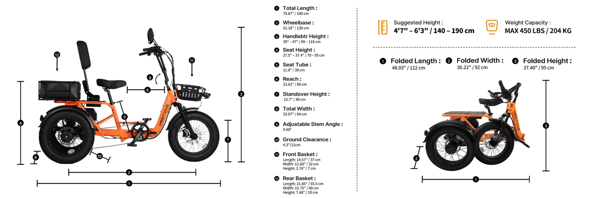 Diagram of a white bicycle with numbered parts list and dimensions on the right