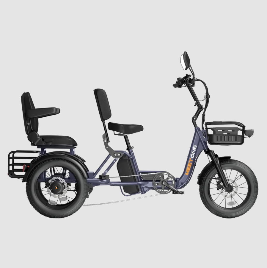 Blue three-wheeled mobility tricycle with seat, backrest, handlebars, and front basket on a white background