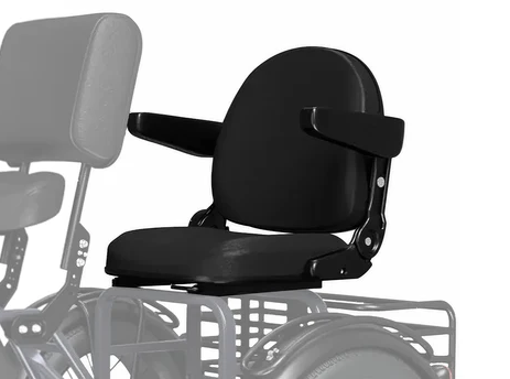 Black wheelchair seat with armrests and side supports, shown mounted on a mobility frame.