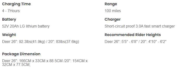 Specs chart for a small battery charger: charging time, range, weight, charger, and recommended rider heights.