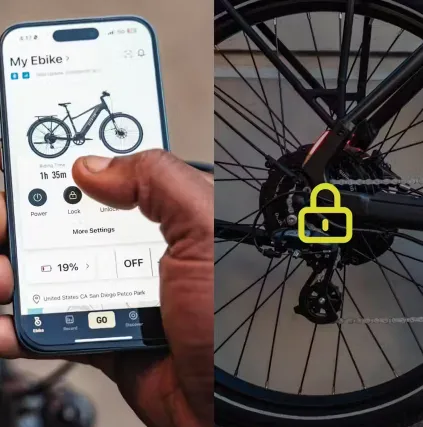 Phone showing an e-bike control app beside a bicycle wheel with a yellow lock icon overlay
