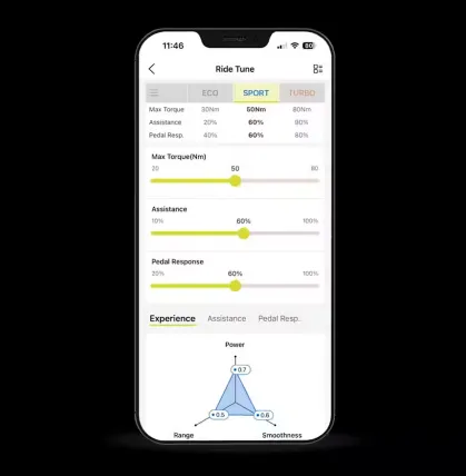Smartphone app screen showing Ride Tuner settings with yellow sliders and a blue experience chart.