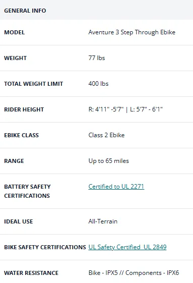 General info table for a scooter, listing model, weight, rider height, range, certifications, and water resistance.