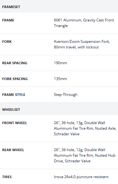 Bike spec table showing frame, fork, wheel, and tire details