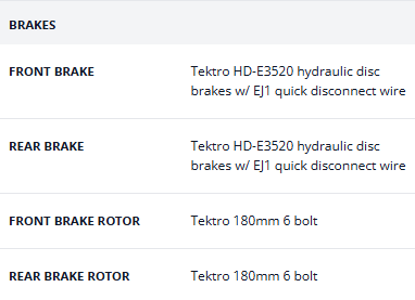 Brake specifications table listing front and rear Tektro HD-E3520 hydraulic disc brakes and 180mm rotors