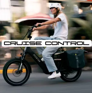 Person riding a black cargo e-bike in motion with “CRUISE CONTROL” text overlay
