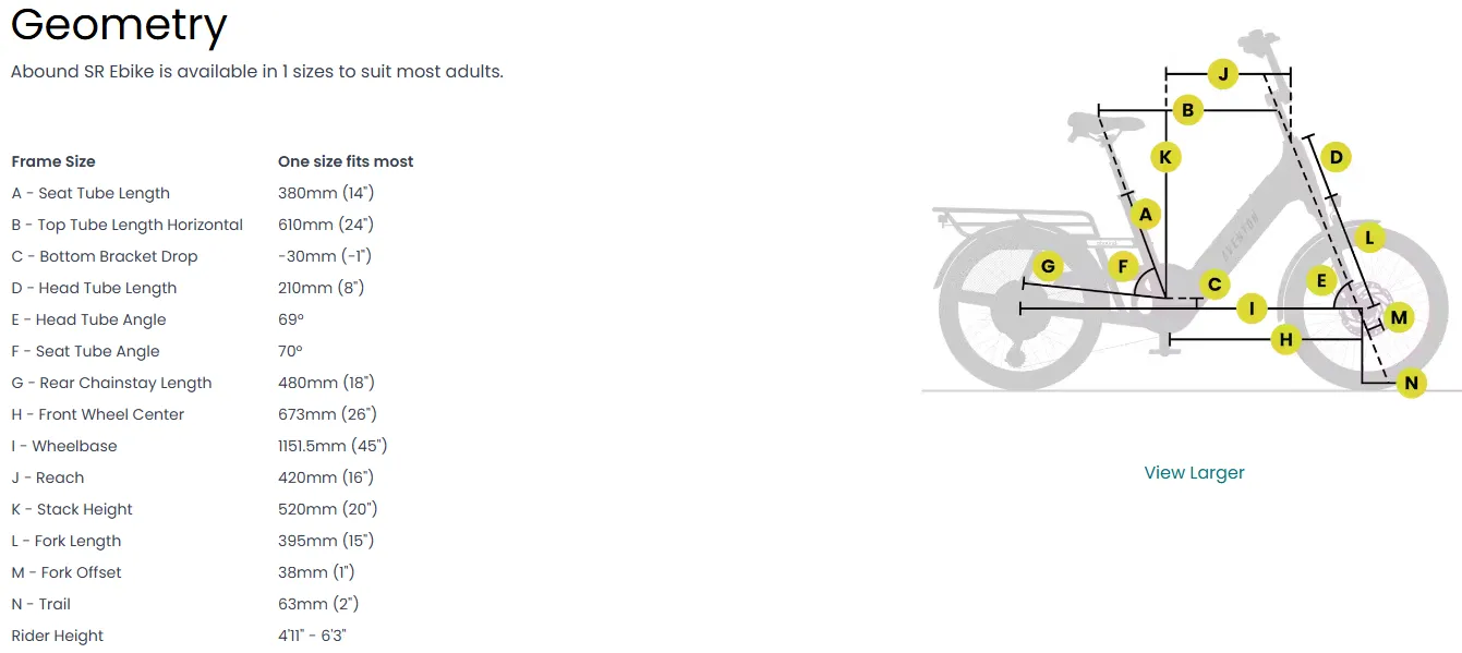 Bike geometry chart with a gray bicycle diagram labeled with measurement points and a specs table on the left