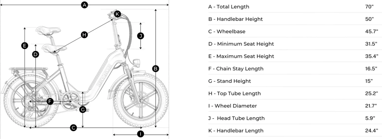 Diagram of a white bicycle with numbered parts list and dimensions on the right