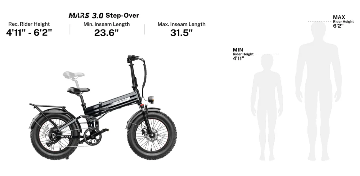Folded black electric bike with measurements and faint rider silhouettes on a white background