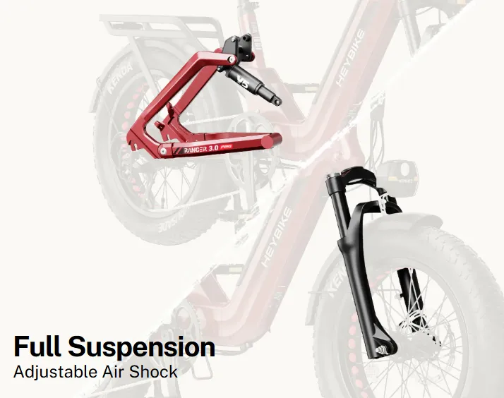Two bicycle front forks, red and black, labeled “Full Suspension Adjustable Air Shock”