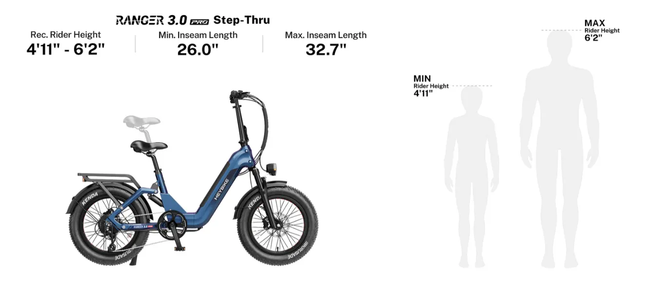 Blue folding electric bike dimensions diagram with standing person silhouettes for scale
