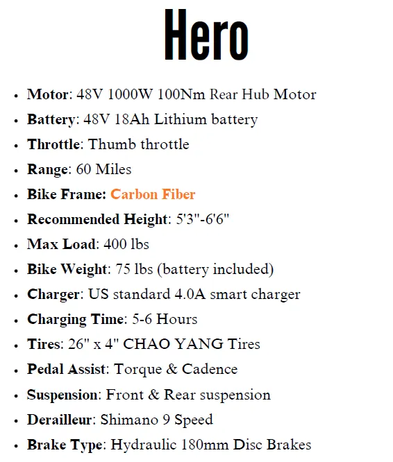 Hero e-bike spec sheet with 48V motor, 48V battery, 60-mile range, and carbon fiber frame