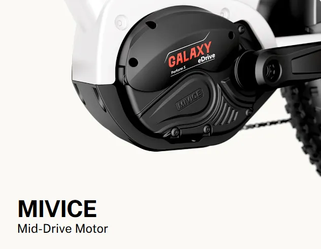 Close-up of a black-and-white bicycle mid-drive motor labeled GALAXY with “MIVICE” text