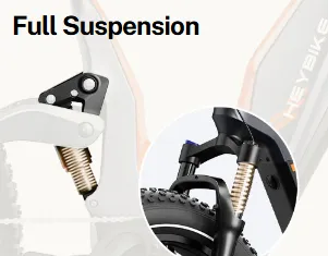 Full suspension bicycle rear shock close-up in black and white, with “Full Suspension” text.