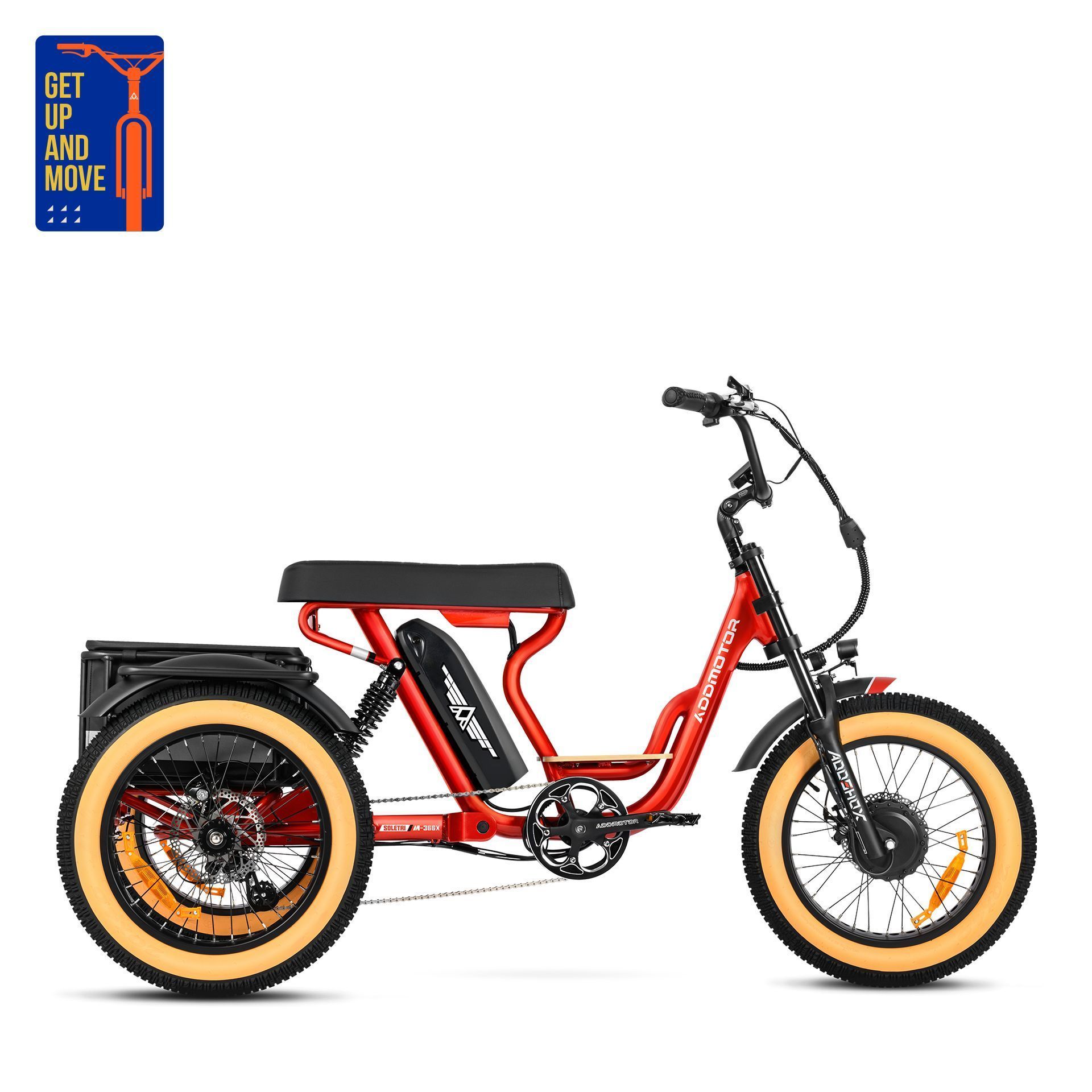Red electric tricycle with black seat and tan tires on a white background, with a small “Get Up and Move” logo.