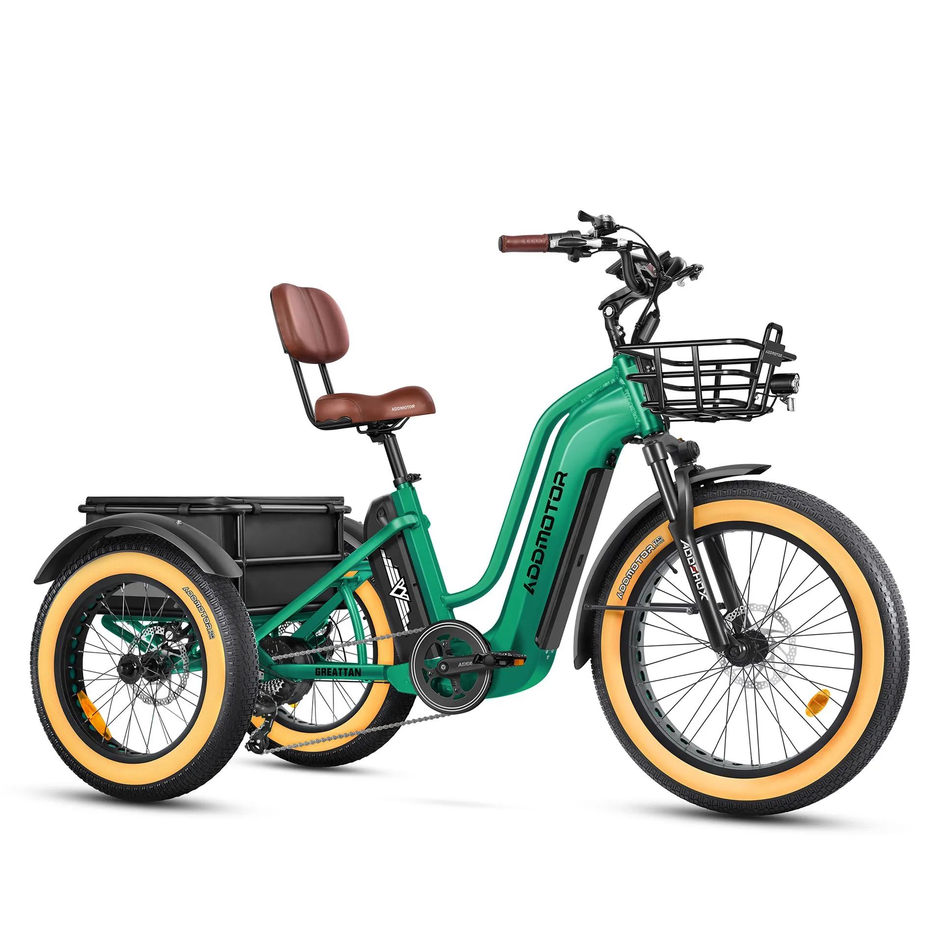 Green electric cargo tricycle with a brown seat, front basket, and rear cargo box on a white background