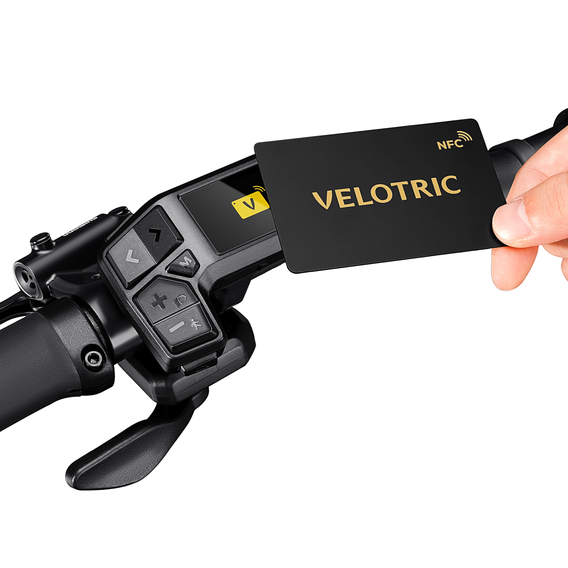 Hand holding a VELOTRIC card near a black bicycle handlebar control panel