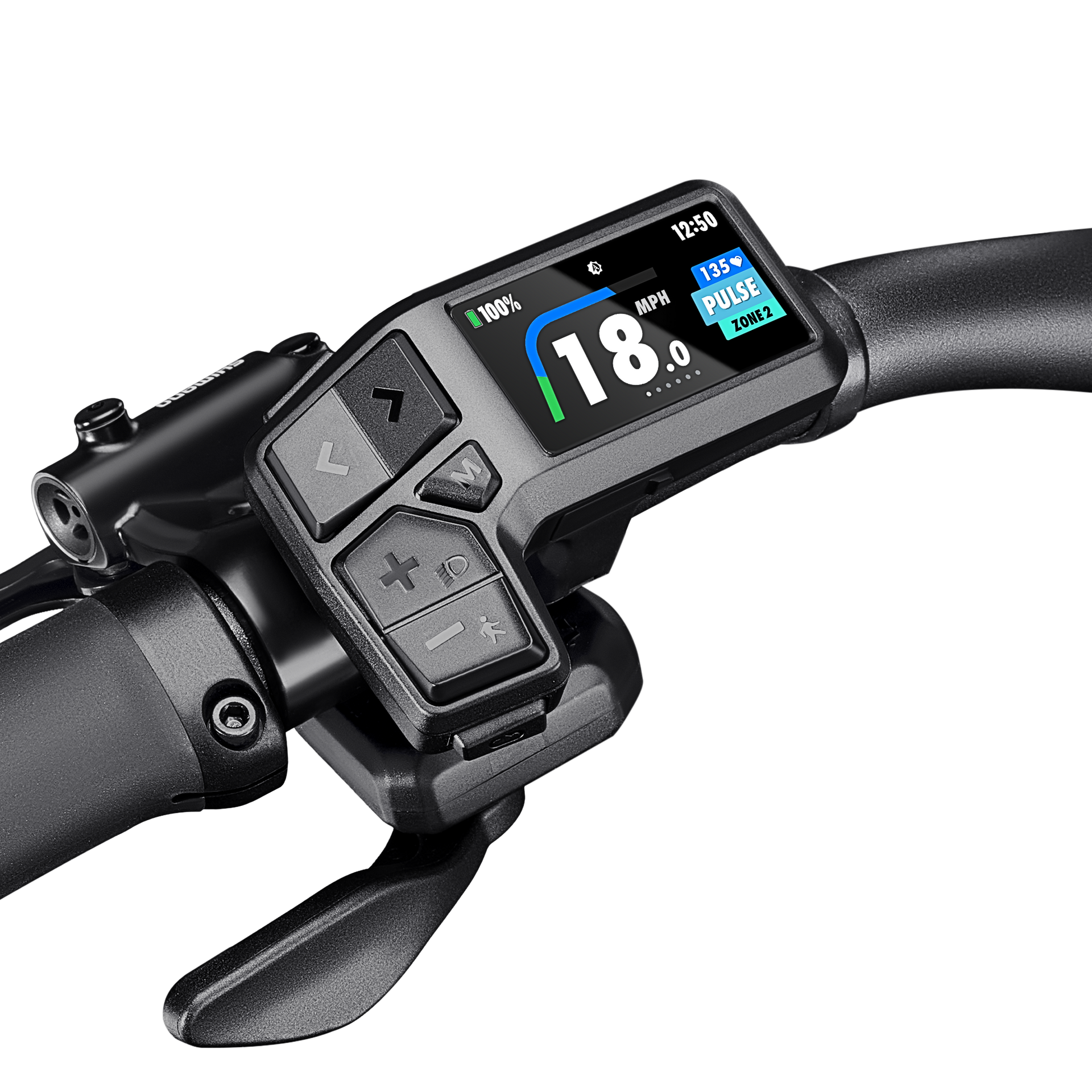 Motorcycle handlebar control with color display showing 18 mph and battery status